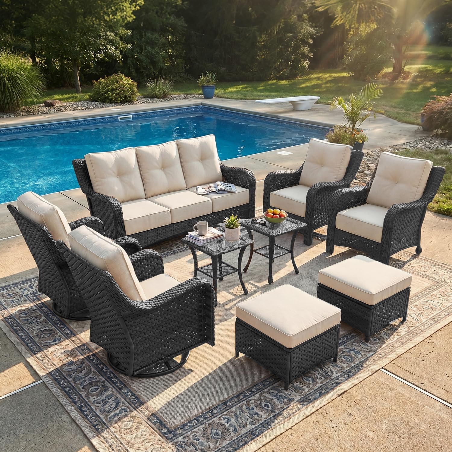 LayinSun 9 Piece Wicker Outdoor Furniture Set with 6-inch Comfy Cushions