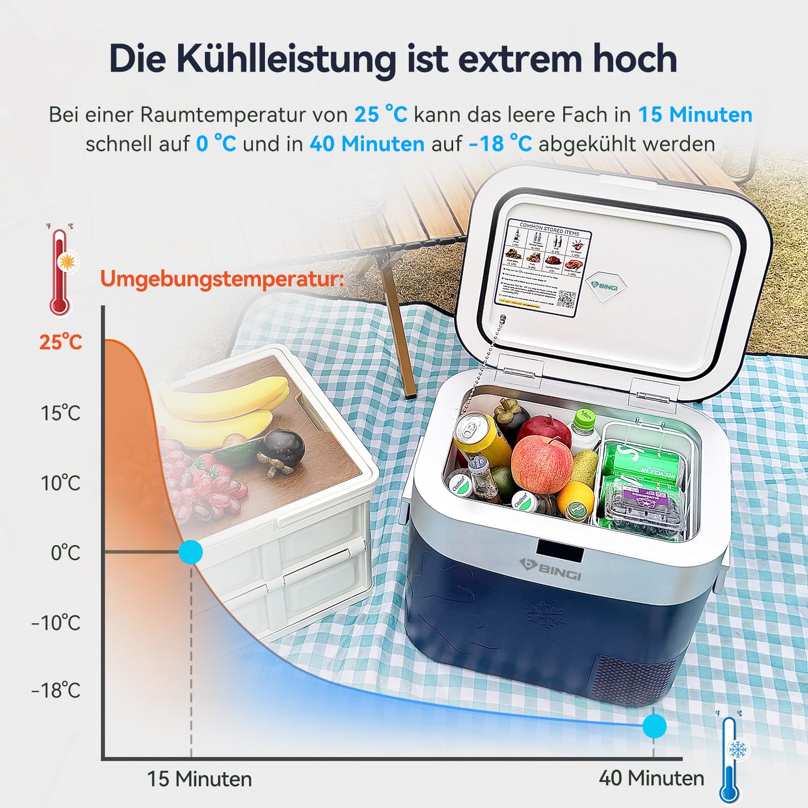 BINGI Kompressor Kühlbox 22L Mini Tragbarer Elektrischer Kühlschrank 12/24V DC für Auto LKW Camping