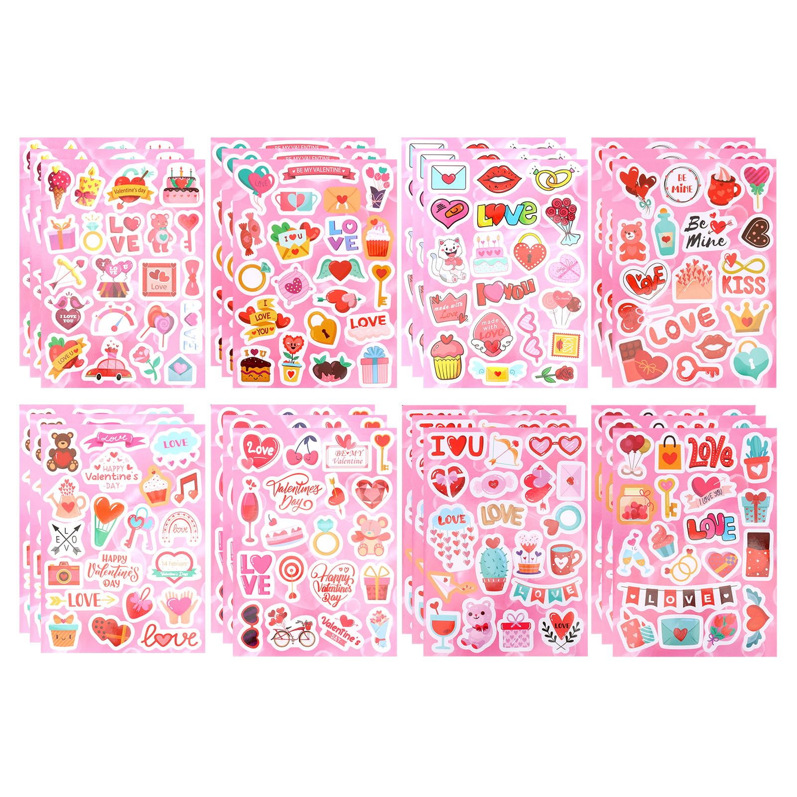 KIUEZIR 24 Sheets / 468pcs Valentines Stickers for Scrapbooking - Vibrant Love Hearts Decals for Women, Easy-Peel Temporary Reward Sticker Tattoos & Scrapbooking Supplies for Party Bags Favors