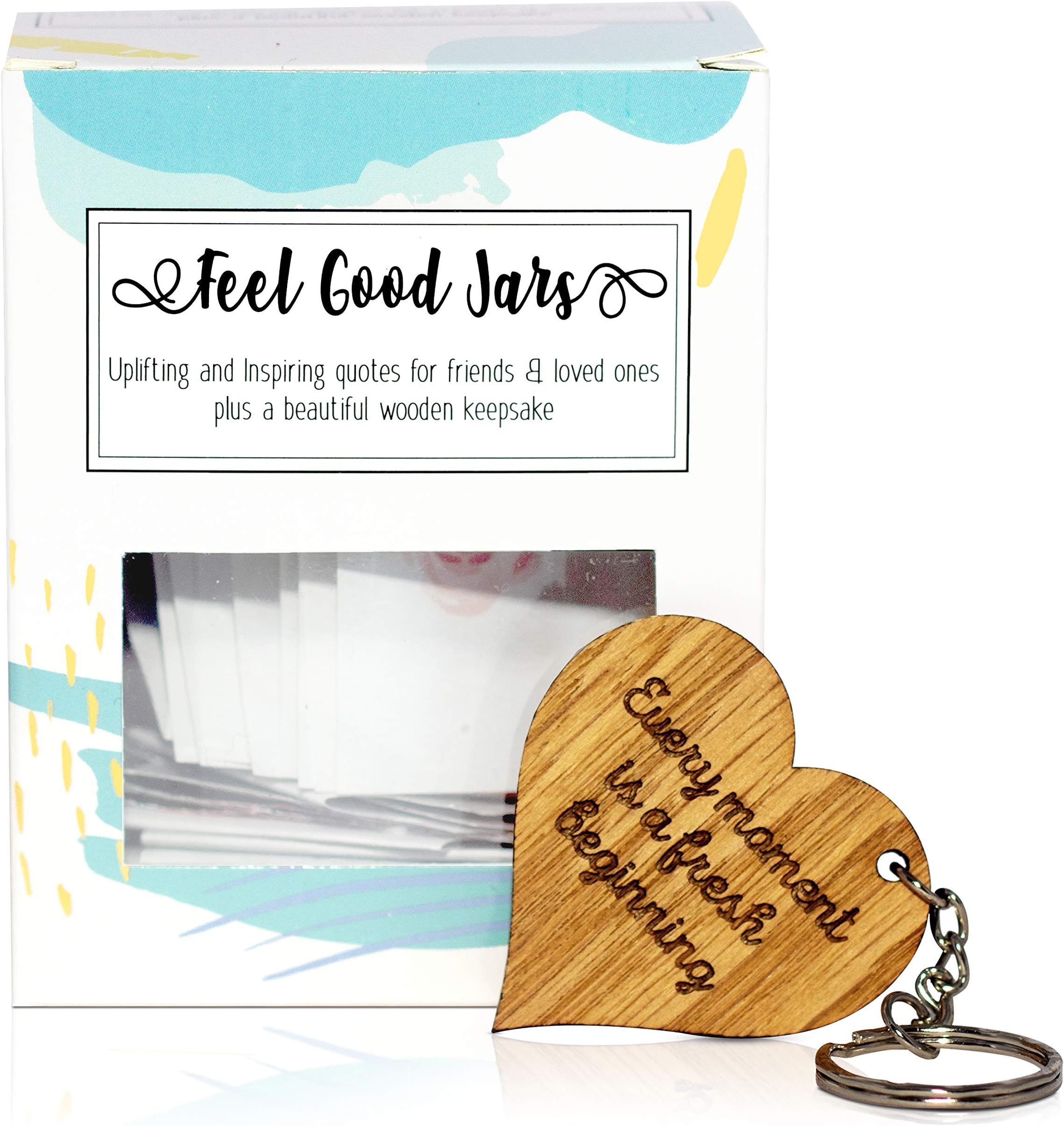 Feel Good Jars 32 Thoughtful & Inspiring Quotes - Motivational & Uplifting - Mindfulness Notes presented in a premium glass jar & giftbox BONUS Wooden Heart Keyring - The Perfect Unique Gift