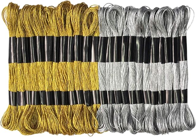 Qililandiy 24 Skeins Metallic Embroidery Thread Glitter Embroidery Floss Cross Stitch Threads Polyester Thread Friendship Bracelets Thread for Embroidery Thread Crafts Gold & Silver