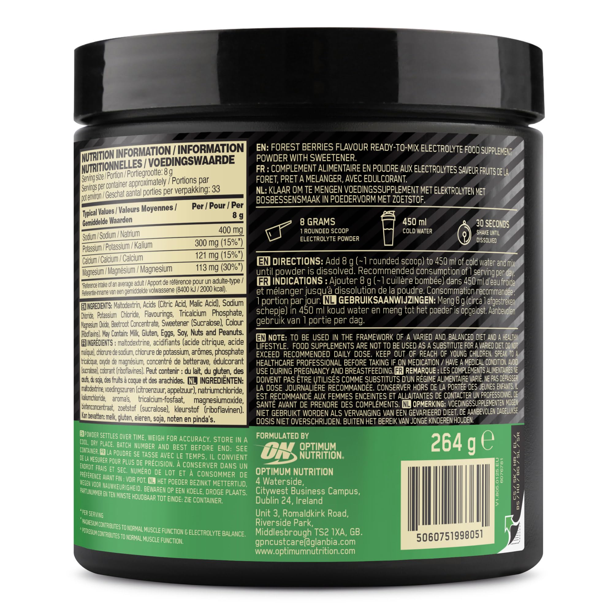 Optimum Nutrition Electrolitos en Polvo, Sabor Frutos del Bosque, Fórmula Lista para Mezclar con Sodio, Magnesio y Potasio para Entrenamientos Intensos, 264 g, 33 Raciones