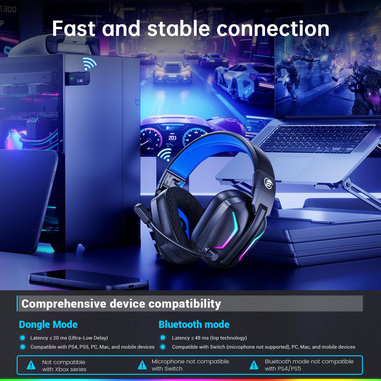 Fachixy FC-300 zestaw słuchawkowy gamingowy z mikrofonem, bezprzewodowy zestaw słuchawkowy 2,4 G do PS5, PS4, PC, Switch, Mac, Surround Sound, składane słuchawki Bluetooth, bezprzewodowe, z