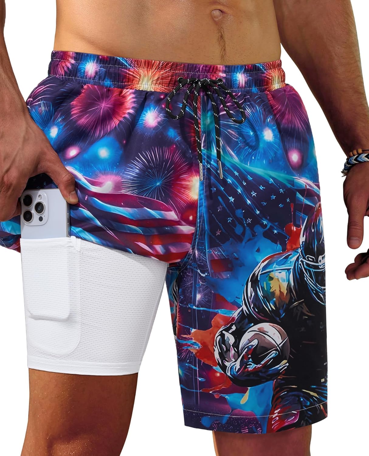 9inch Mens Swim Trunks: 2 in 1 with Compression Liner Stretch Quick Dry Drawstring National Flag Pockets Beach Pool