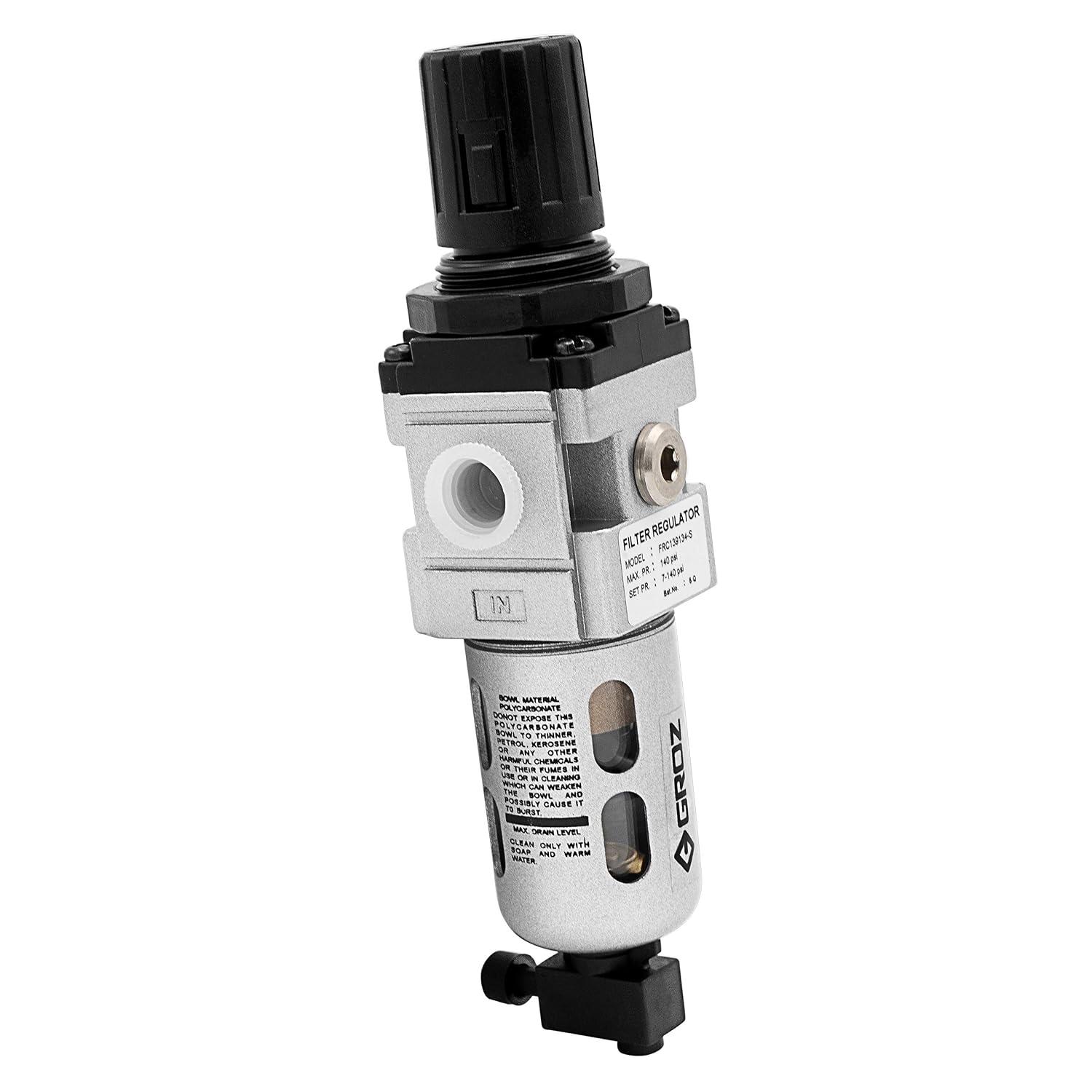 Groz 60351 Filter -Regulator combinationwith Polycarbonate Bowl, Semi Automatic Drain, Miniature 1/4" NPT