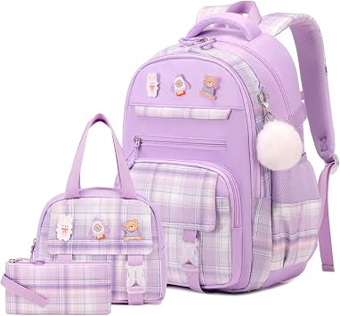 3PCS School Backpack for Girls, Girls Backpack with Lunch Box, Pencil Case, Cute Kawaii Plaid Book Bag for Teen Girl Kindergarten Elementary Preschool Middle High School, Purple