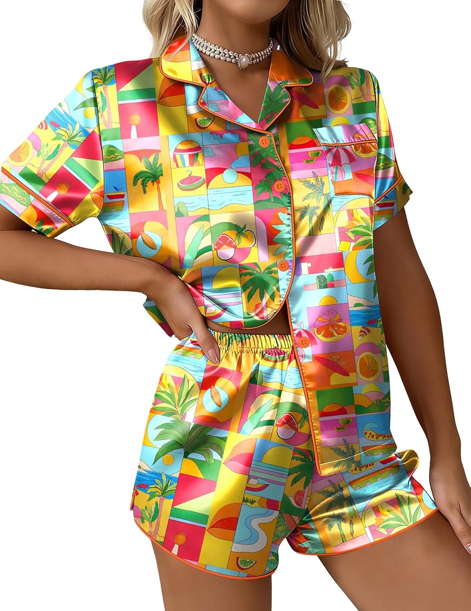 Ekouaer Conjunto de pijama de satén de seda para mujer, ropa de dormir con gráficos divertidos, S-5XL