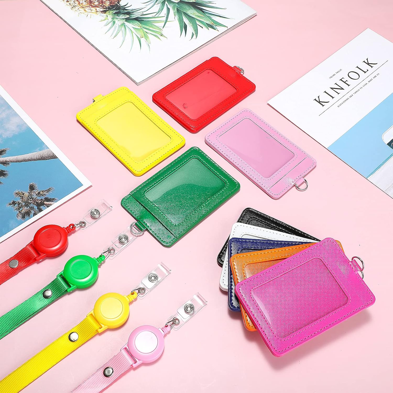 12 Sets ID Holder Badge with Lanyards Retractable Name Badge Reel PU Leather Waterproof Clear Card Holder with 1 Transparent ID Window 1 Credit Card Slot for Women Men Nurse School Office (Vertical) - Image 7