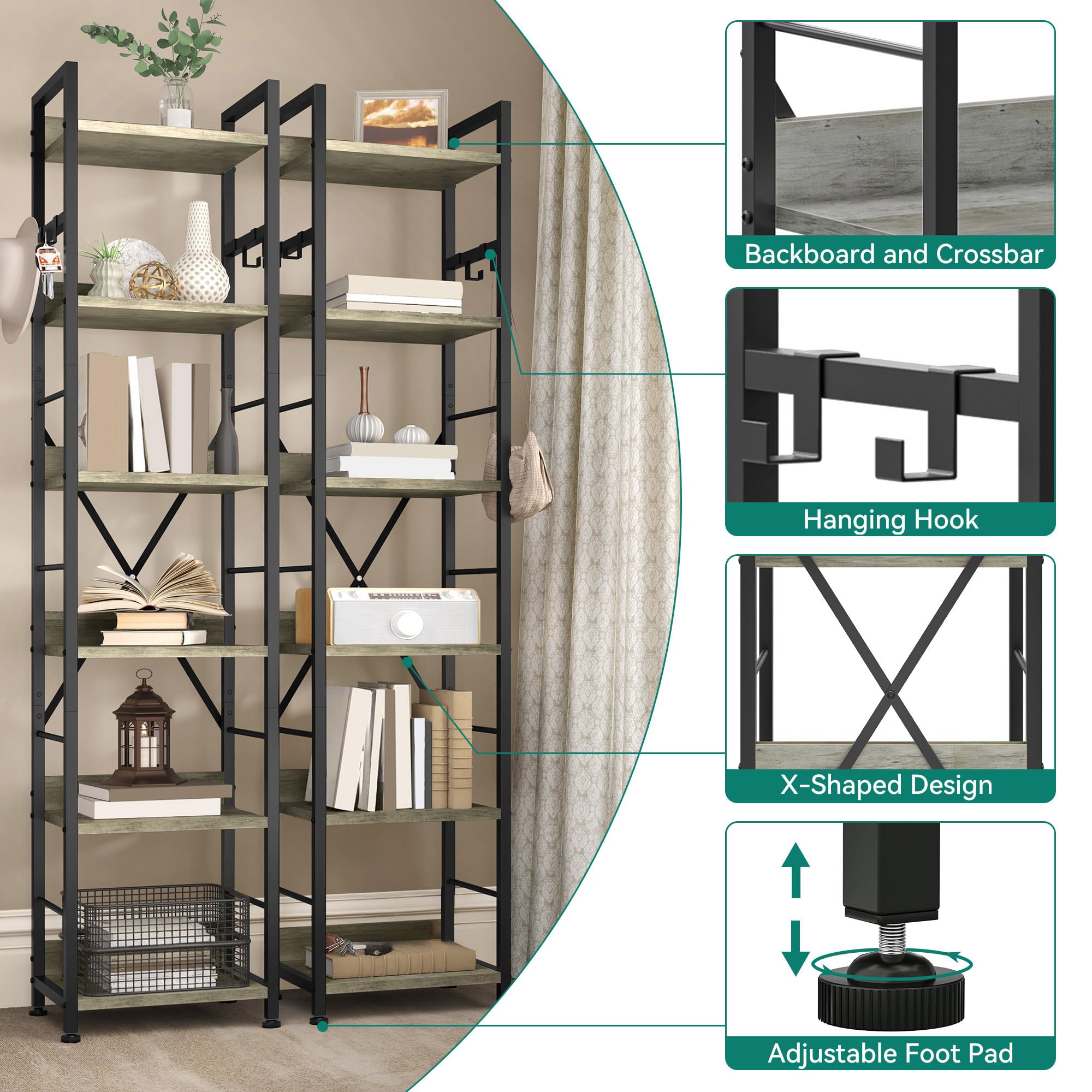 YITAHOME Bücherregal mit 6 Ebenen, Industrielles Standregal, Metallrahmen und Holzregale, Hohes Lagerregal mit 4 Haken, Präsentationsorganizer, für Wohnzimmer, Heimbüro, Grau Regal