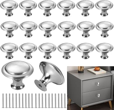 20 Pcs Cabinet Door Knobs, Hardware Sturdy Knobs Brushed Nickel Round Drawer Handle, Zinc Alloy Stainless Steel with Screw for Cabinet Wardrobe Furniture Kitchen Bathroom Bedroom Silver