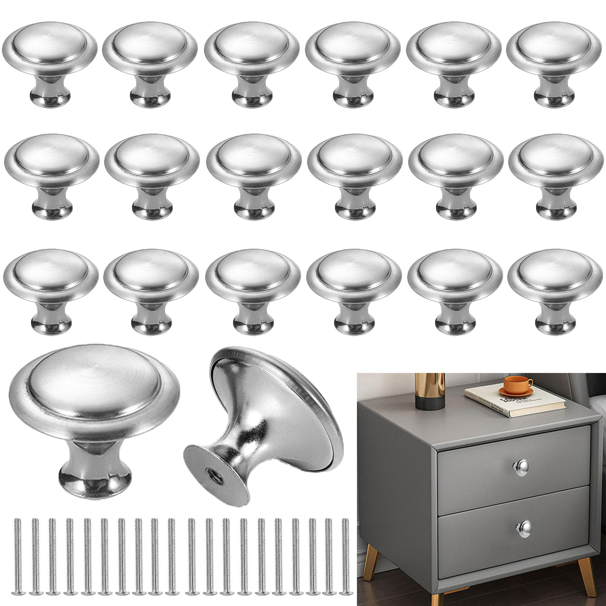 Xiciki 20 Pcs Cabinet Door Knobs, Hardware Sturdy Knobs Brushed Nickel Round Drawer Handle