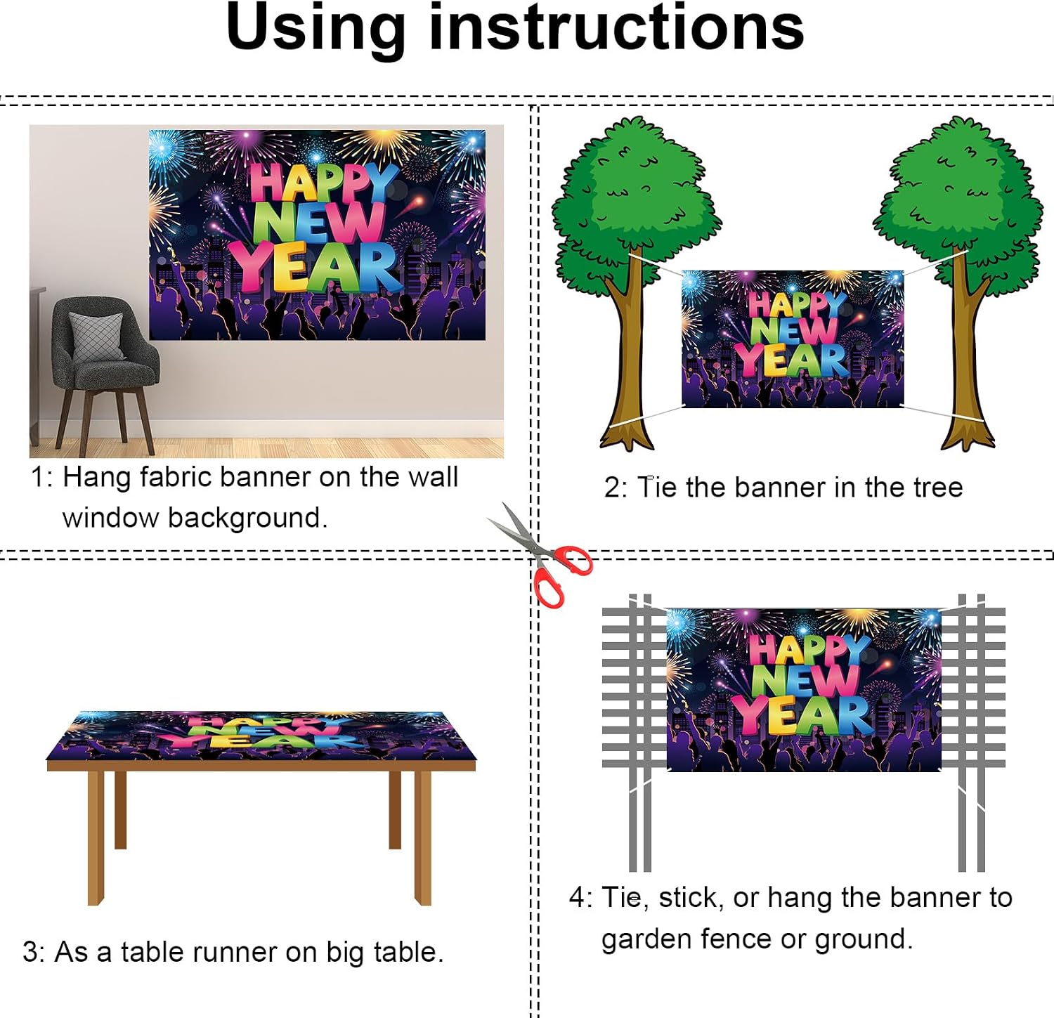 HOWAF Neon Happy New Year Banner for 2026 New Years Eve‘s Supplies, Bright Color New Year Backdrop Banner for 2026 NYE Decoration, New Years Party Banner, Large Fabric
