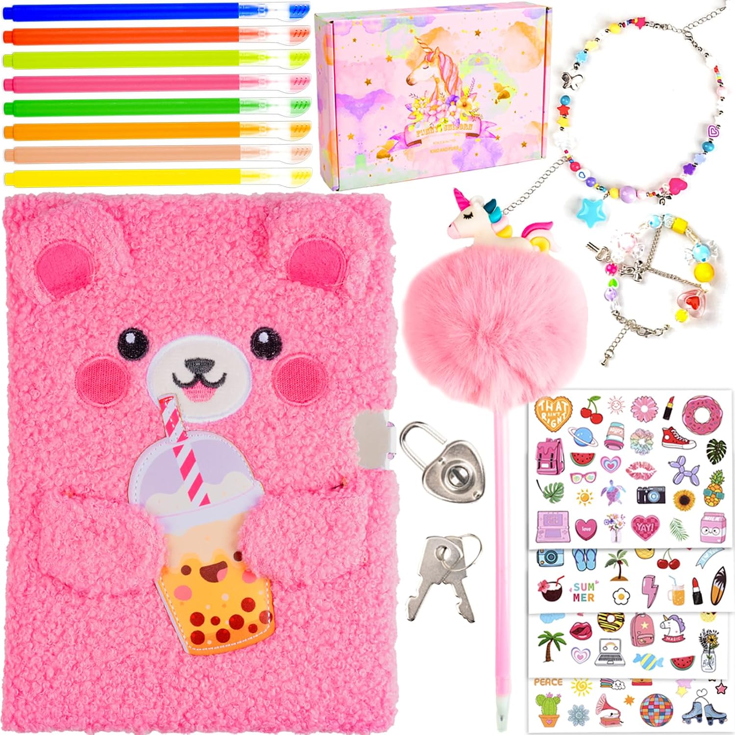 Diary for Girls with Lock and Keys, Journal School Travel Notebook Gift Set for Writing and Drawing,Multicolored Pen, Stickers, Birthday Gift for Girls (Pink-Butterfly)