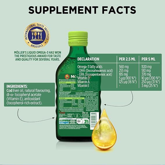 Moller’s ® | Omega 3 Cod Liver Oil | Omega-3 Dietary Supplements with EPA, DHA, Vitamin A, D and E | Superior Taste Award | Pure & Natural cod Liver Oil | 166 Year Old Brand | Apple | 250 ml