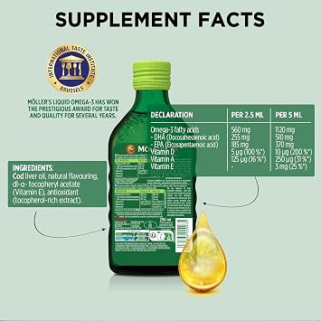 Moller’s ® | Omega 3 Cod Liver Oil | Omega-3 Dietary Supplements with EPA, DHA, Vitamin A, D and E | Superior Taste Award | Pure & Natural cod Liver Oil | 166 Year Old Brand | Apple | 250 ml
