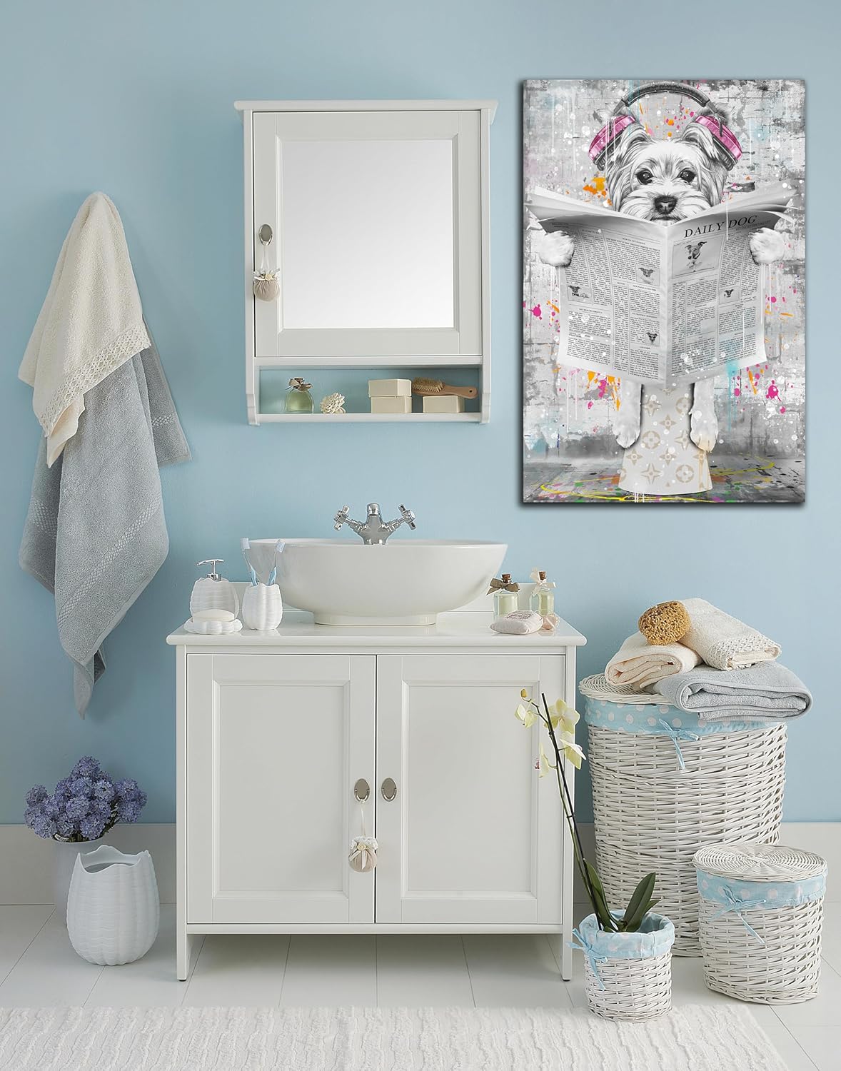 ENTANUB Bathroom Decor Wall Art, Black and White Graffiti Dog Canvas Print Painting, Funny Animal Picture for Bedroom, Size 24x36 Inches