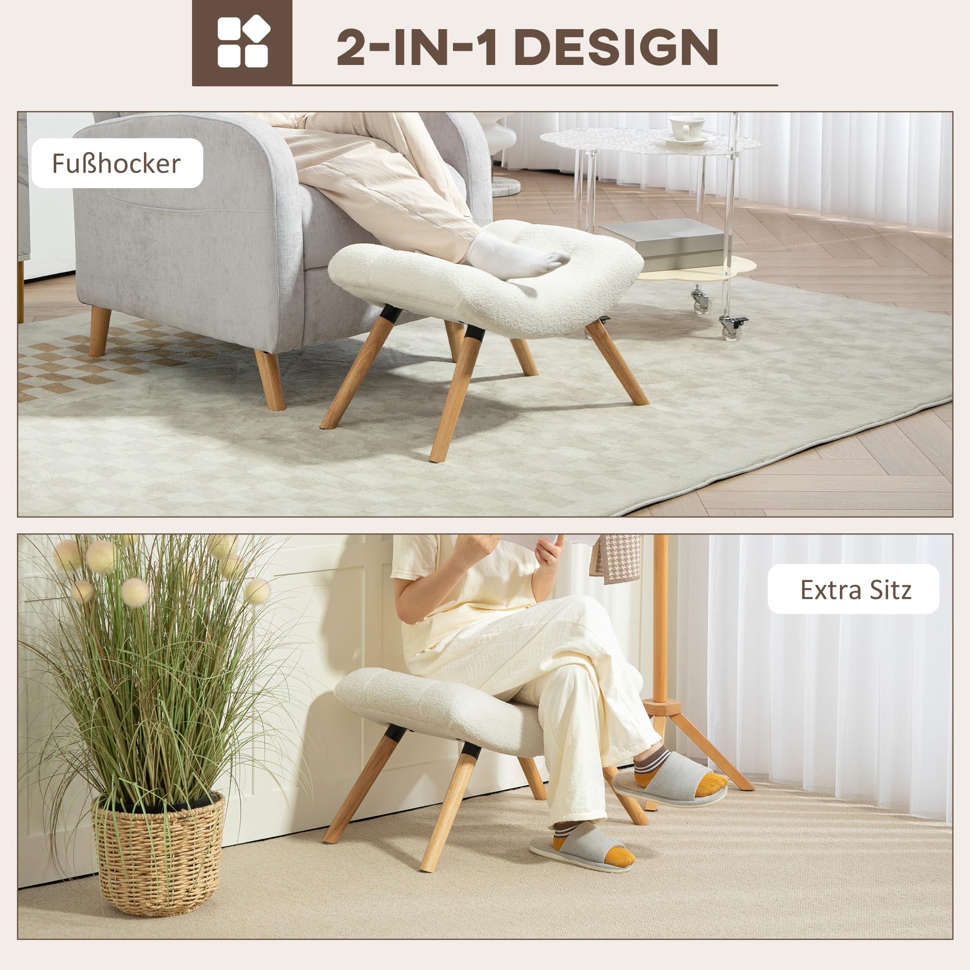 HOMCOM Sitzhocker Hocker mit weichem Sitzkissen Holzbeinen Fußhocker mit Berberfleece-Stoff Polsterhocker Ottoman für Schlafzimmer, Wohnzimmer, Cremeweiß
