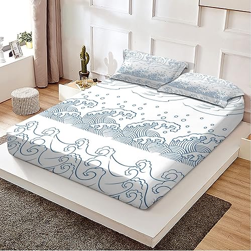 Sábana bajera ajustable con temática náutica, diseño de ondas japonesas, juego de ropa de cama de 2 piezas con estampado decorativo, ultra suave y