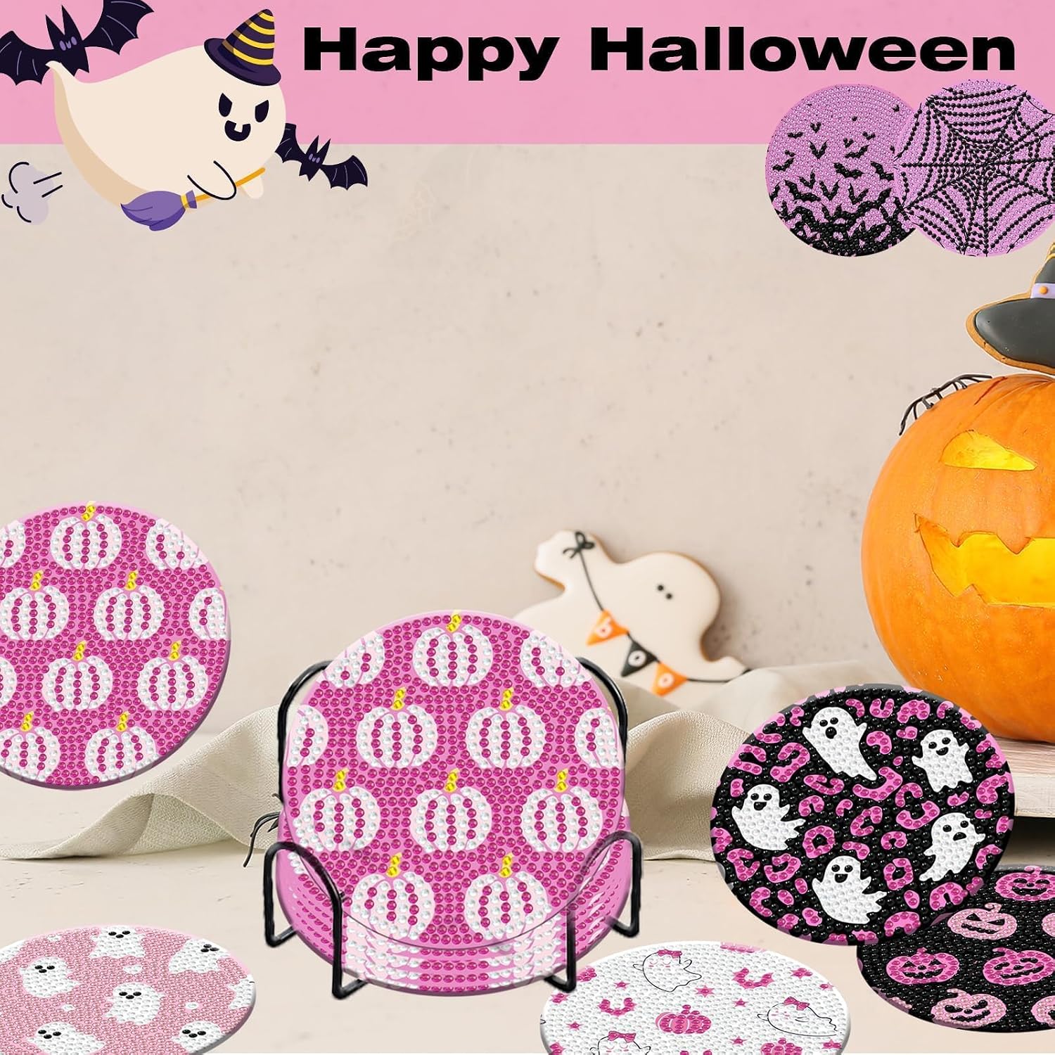 8 Pcs Halloween Diamond Art Painting Coasters Kits with Holder DIY Pink Halloween Diamond Art Coaster for Adults