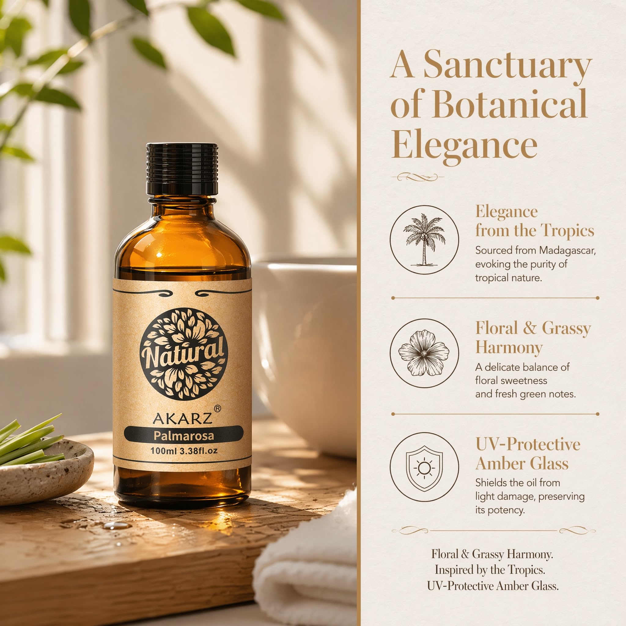 AKARZ 100ml Olejek esencjny z Palmaroza - Naturalny olejek aromatyczny do dyfuzorów, lamp aromatycznych i aromatów pomieszczeń