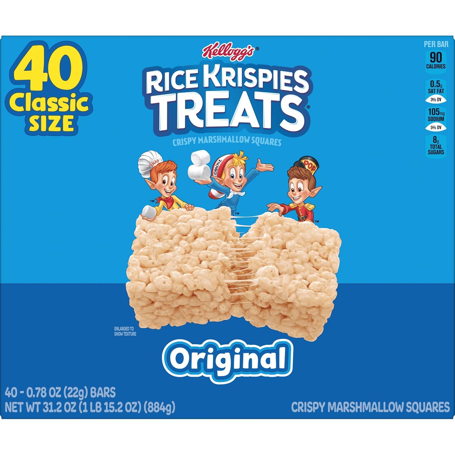 Rice Krispies Treats Crispy Marshmallow Squares, Kids Snacks, Snack Bars, Original, 31.2oz Box (40 Bars) (Pack of 3)