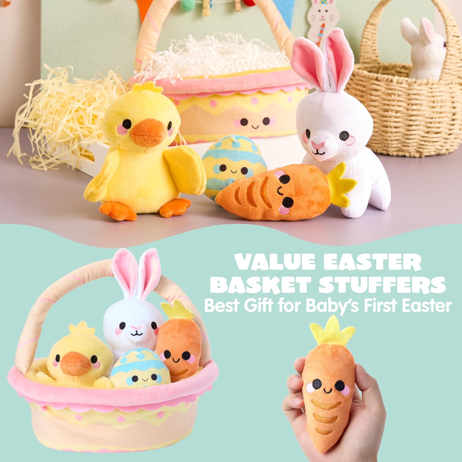 JOYIN 5 Pcs Easter Basket Plush Playset, Filled Basket with Bunny Chick Egg Carrot, Easter Toys Gifts Prefilled with Animal Stuffers for Baby Toddler Kids Boys & Girls of All Ages