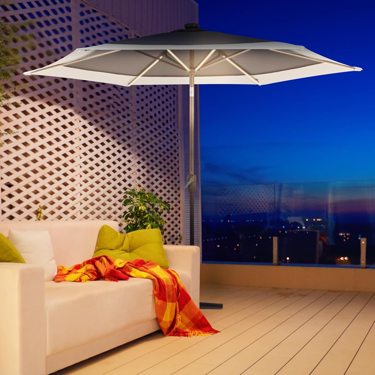 JONATHAN Y UMB1100A Spencer 9 ft. Classic Coastal 2-Tone Solar LED Market Patio Umbrella with 12 LED Strip Lights, Auto-Tilt, Crank and UV Protection in Navy/White