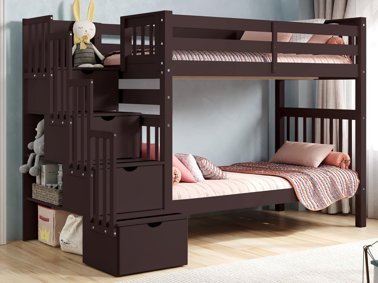 Bedz King Tall Stairway Bunk Beds Twin Over Twin with 4 Drawers in the Steps, Dark Cherry