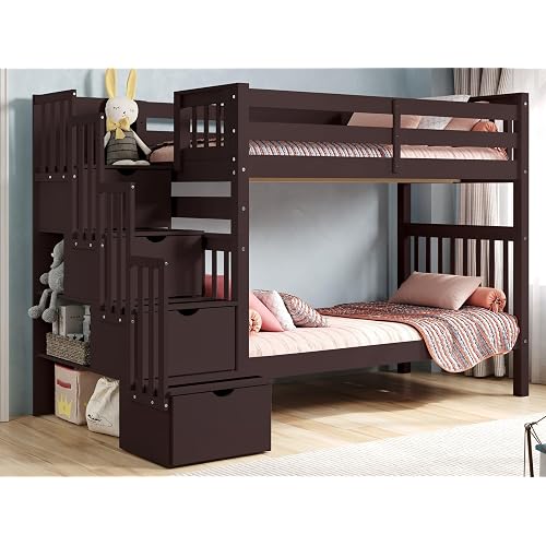 Bedz King Tall Stairway Bunk Beds Twin Over Twin with 4 Drawers in the Steps, Dark Cherry