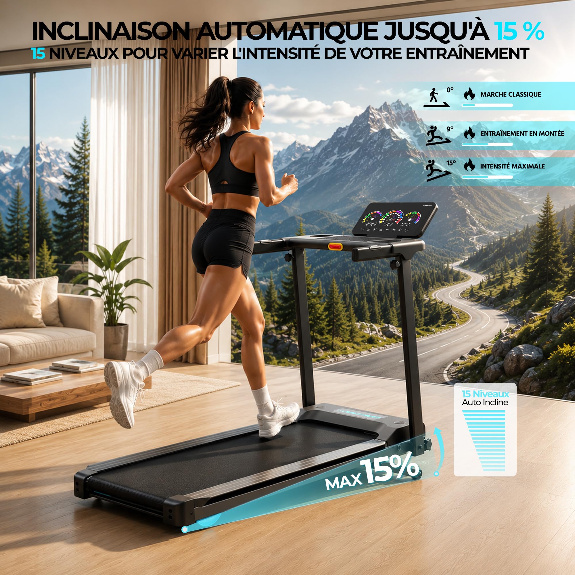 Tapis Roulant Pieghevole con Inclinazione Automatica 15%,12km/h