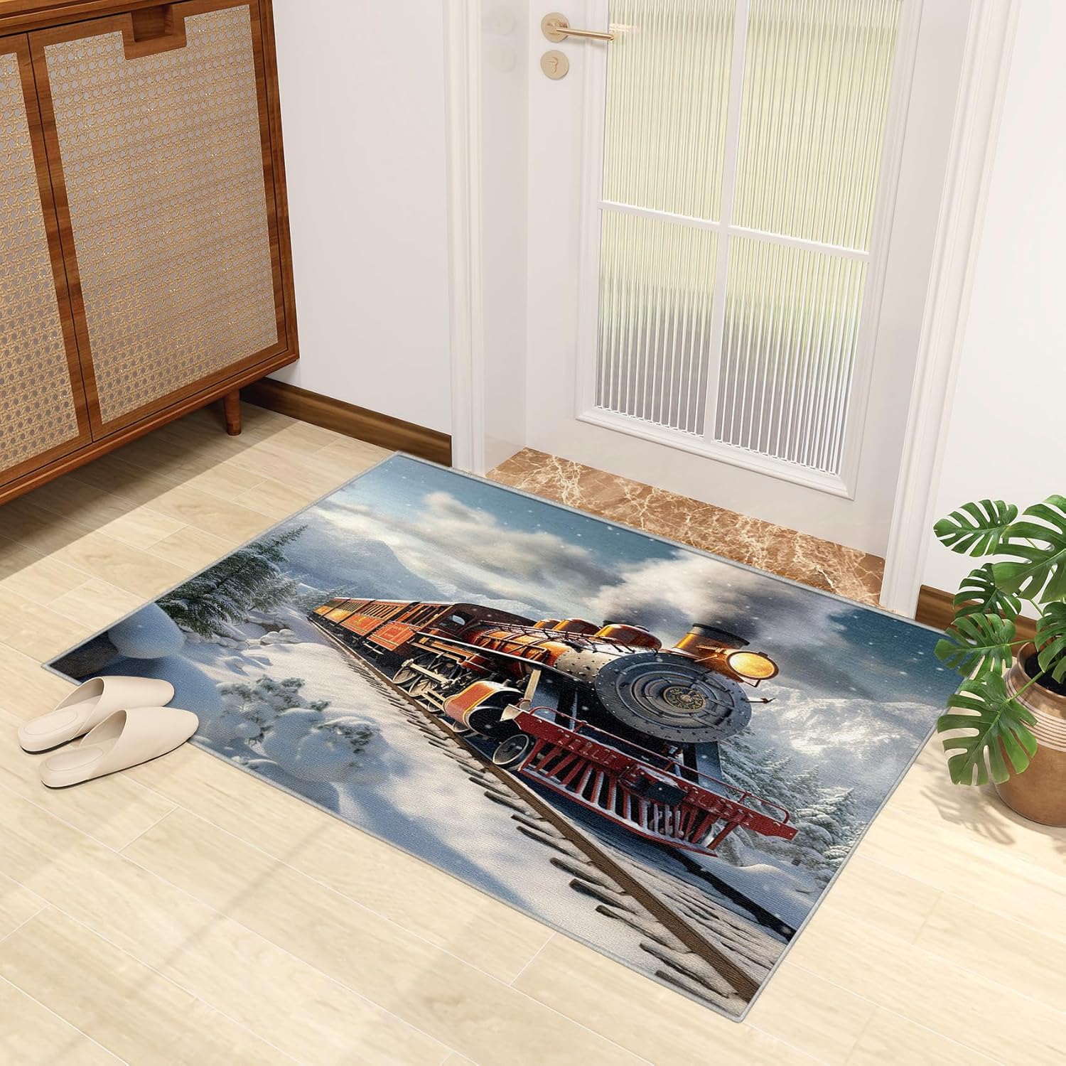 Steam Engine Rug & Home Decor - Washable Rug 4x5 - Boys Steam Train Rugs for Living Room Bedroom - Non Slip Soft Indoor Large Area Rug - Kids Vintage Train Carpet - Steam Engine Room Decor