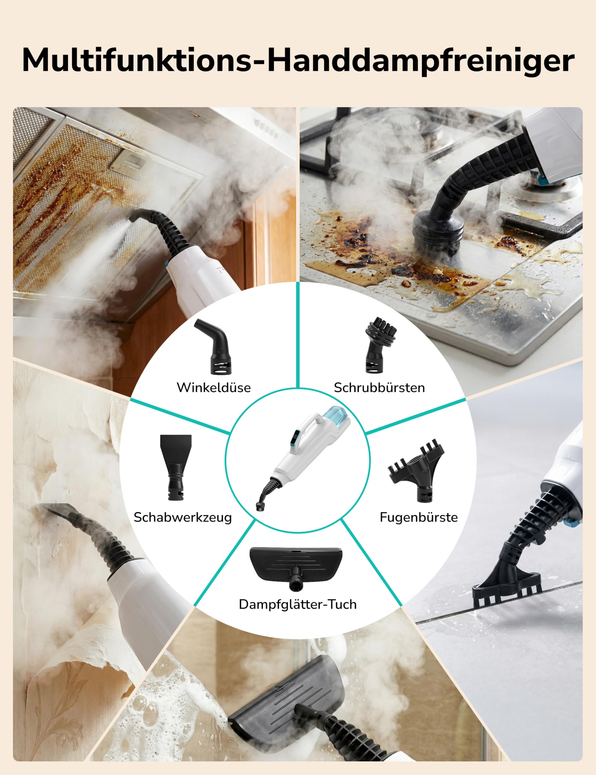 Dampfreiniger 10-in-1 mit Handgerät, 15s Schnellaufheizung, 2 Dampfstufen & Sprayfunktion, 500 ml Tank, Steam Mop für Fliesen, Laminat, Parkett, Teppich, Küche, Bad, Auto