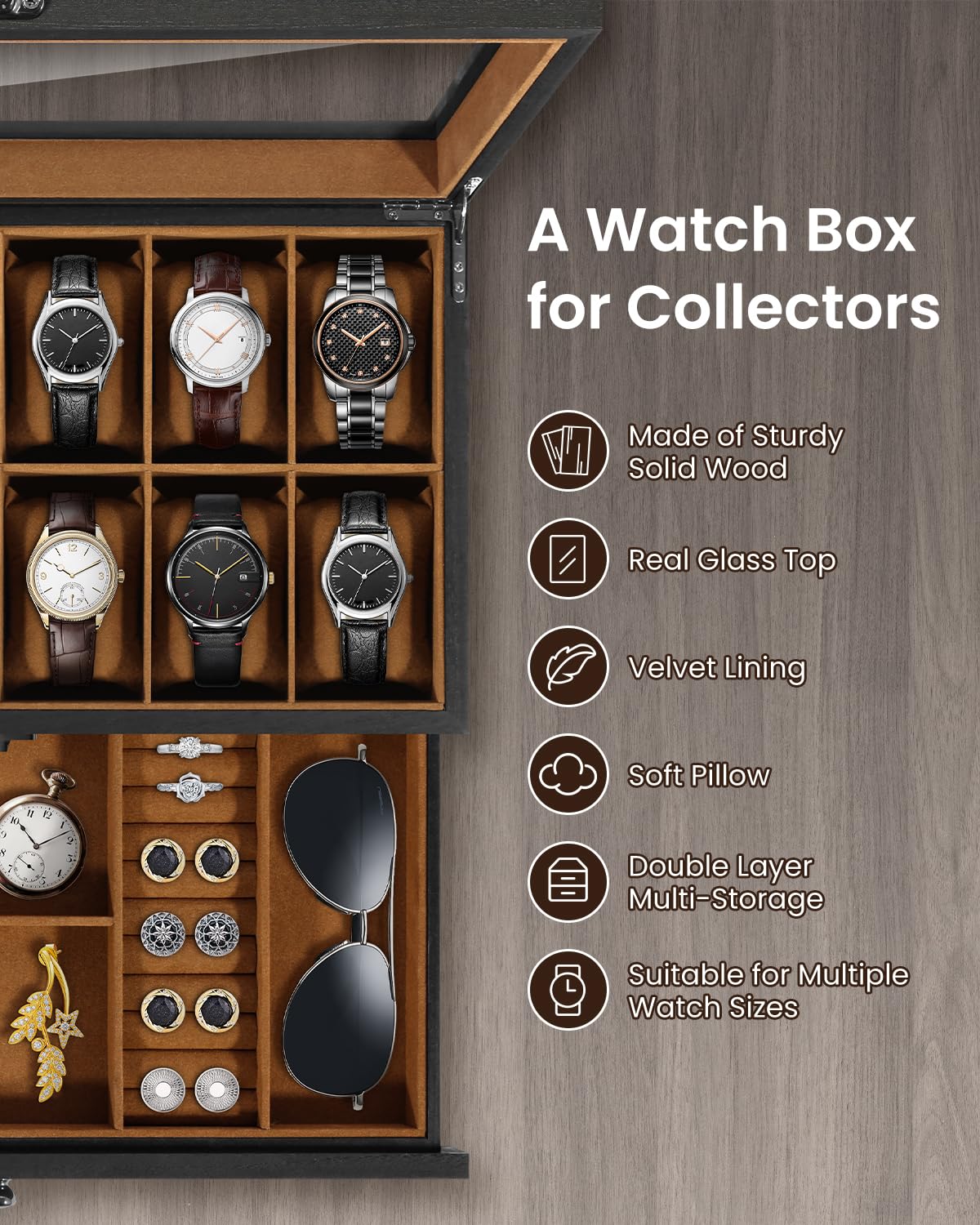 Uten Uhrenbox mit 12 Fächern, 2 Ebenen Uhrenkasten aus Massivholz mit Glasdeckel, Uhrenkissen Seidenbaumwolle, Schmuckaufbewahrung, Geschenkidee，Braunes Futter