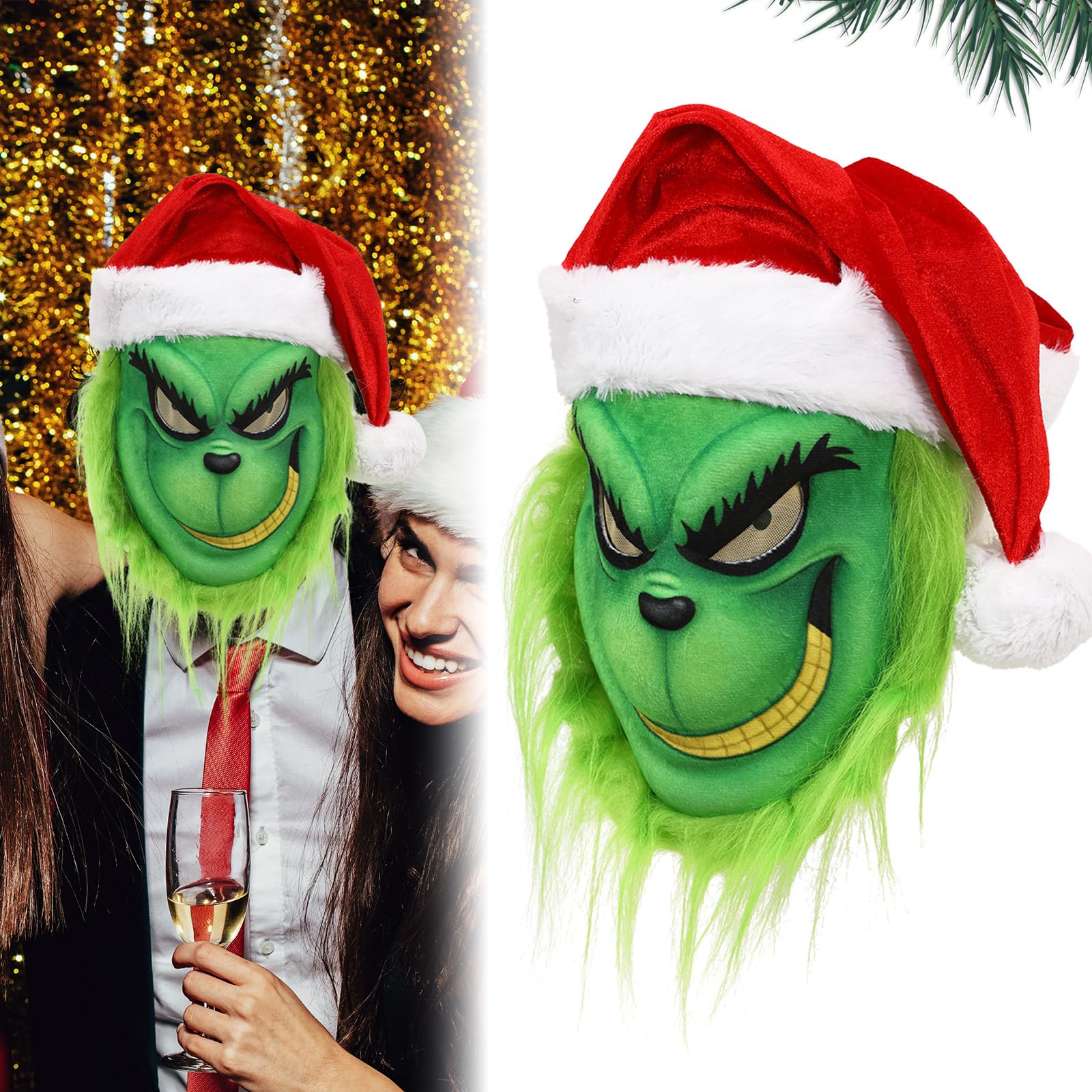 Applysu Grinch Mask Adult Grinch Costume Mask Halloween Xmas Green Monster Cosplay Party Props Christmas Decoration Mask