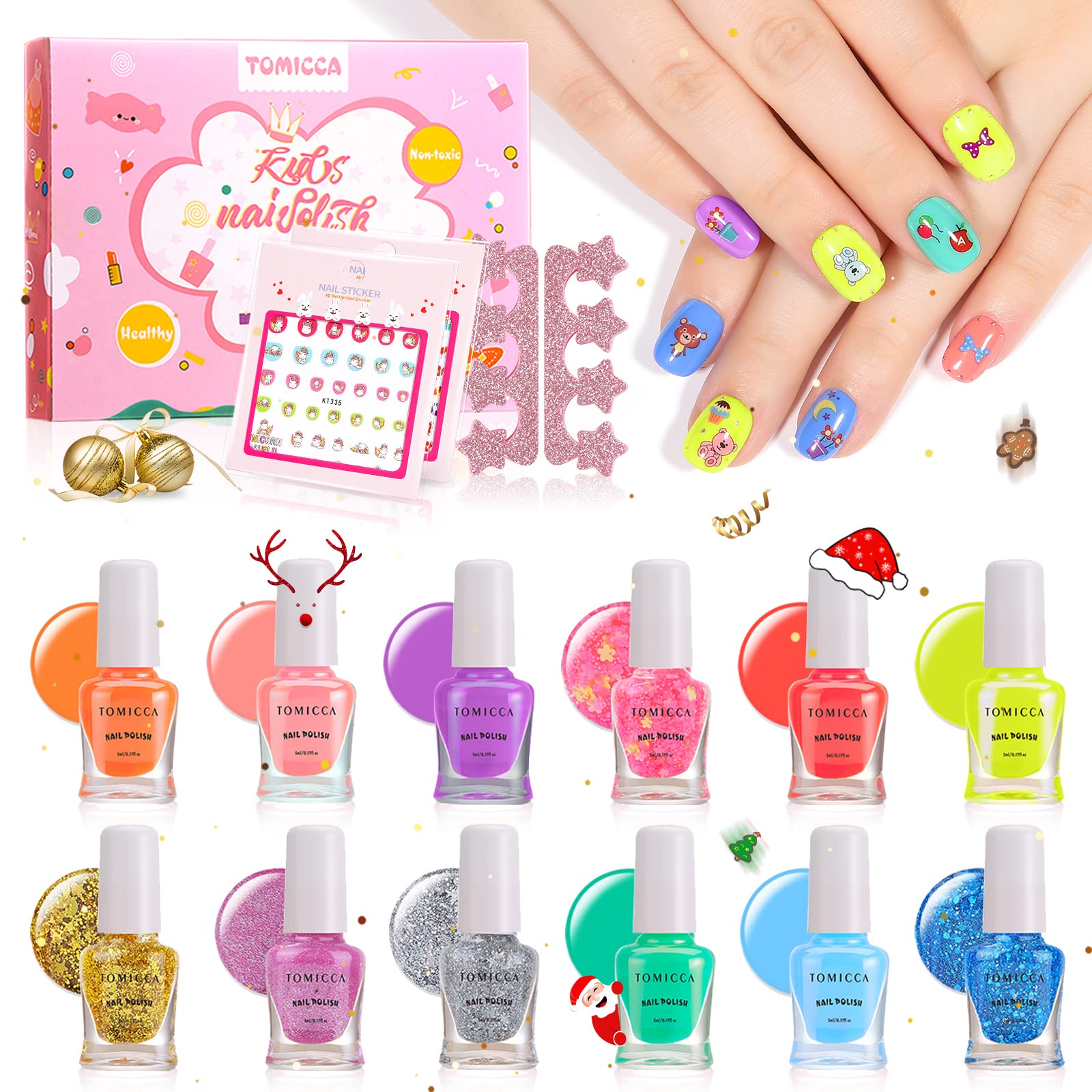 TOMICCA Kids Nail Polish Set for Girls, Non-Toxic Nail Polish Quick Dry Little Girls Nail Polish, 12 Colors Toddler Nail Polish with Stickers Gifts Kit
