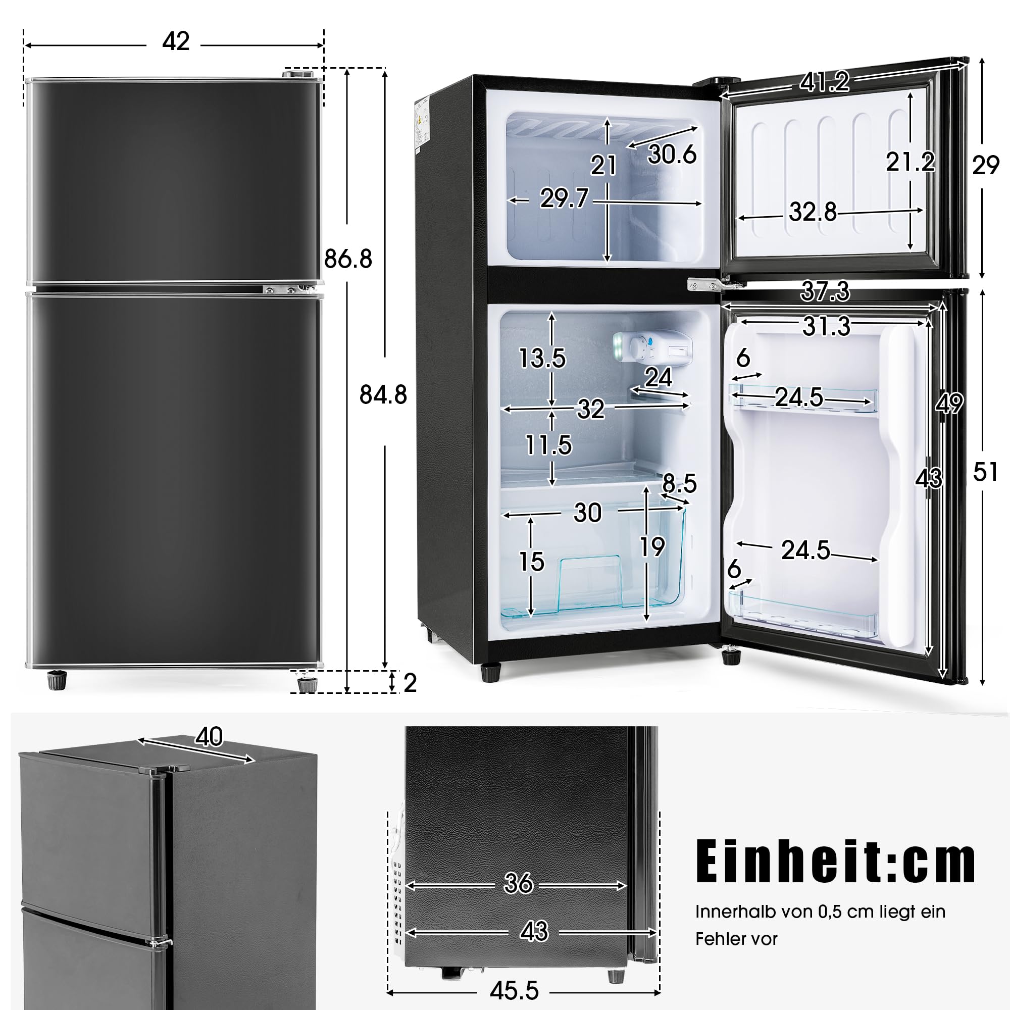 Kompaktowa lodówka z zamrażarką 60L, mała dwudrzwiowa wolnostojąca 86x45cm, chłodziarka 38L + zamrażarka 22L, klasa E 102 kWh/rok, -27°C do 13°C, 45 dB, LED, czarna elegancka