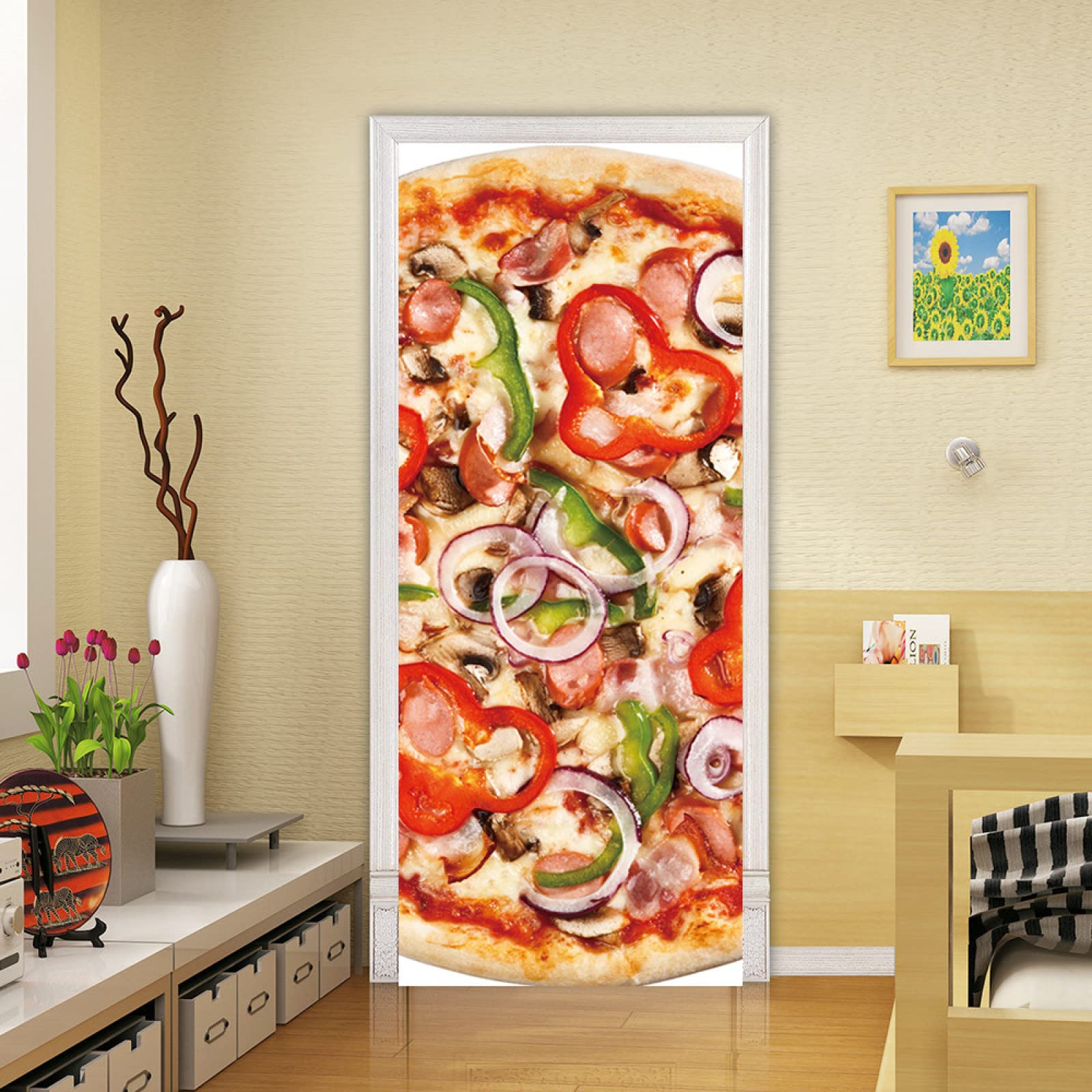 Autocollant de porte decoration murale chambre garcons sticker pizza vinyle