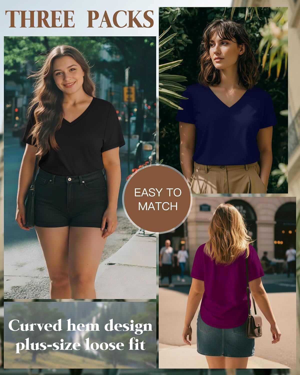 3 Pack Women's Plus Size T-Shirts, V Neck Short Sleeve Shirts Loose Fit Curved Hem Tees Casual Swing Tops - Image 6
