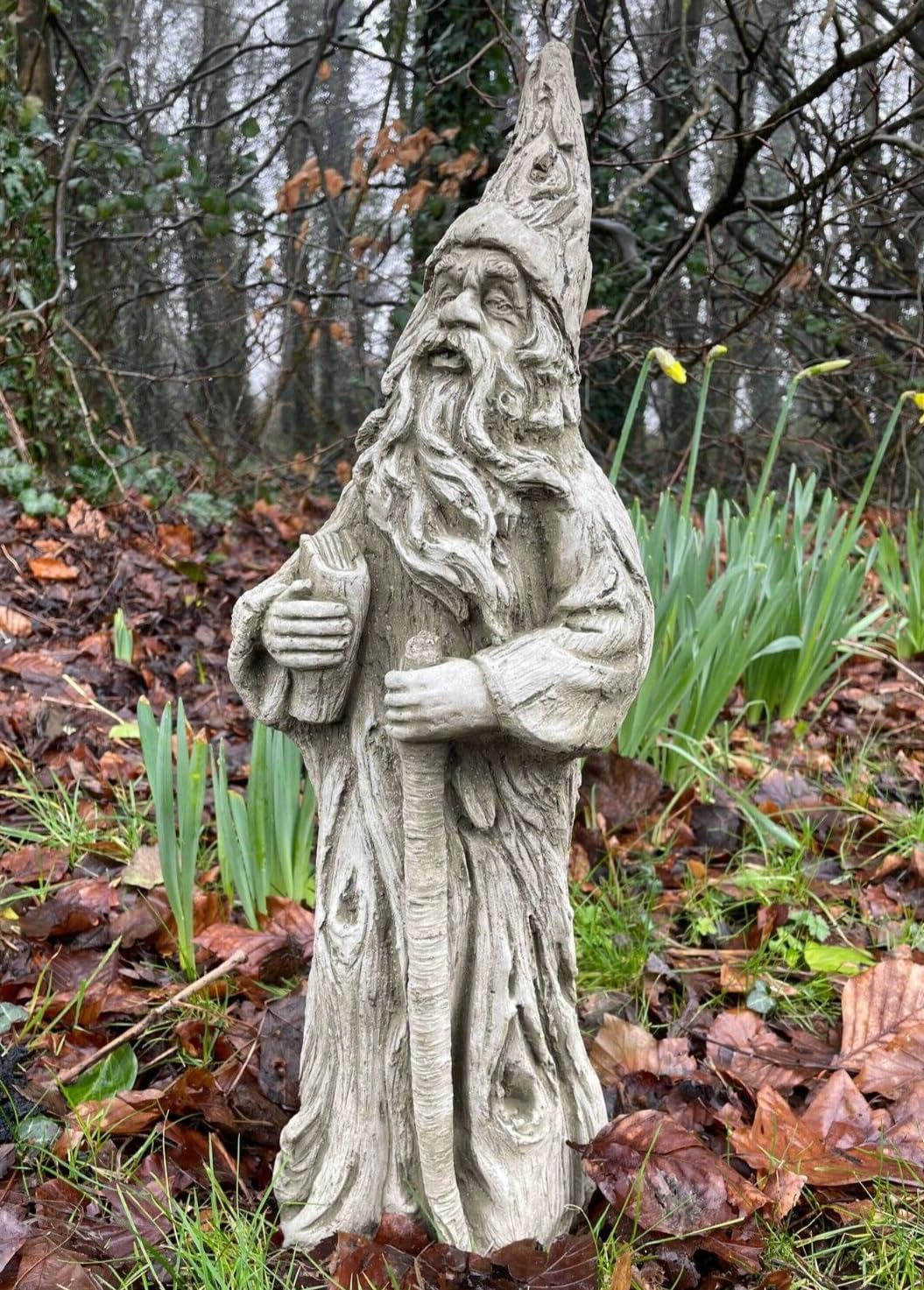 Statue de sorcier en pierre | Décoration de jardin magique mythique en pierre extérieure