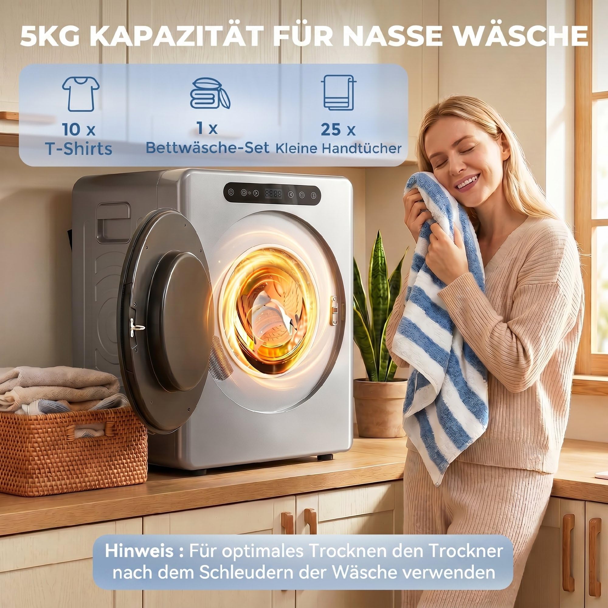 HOMCOM Mini suszarka z wywiewem 5 kg, ze sterylizacją, 6 programów do 60°C, 1000 W, z ekranem dotykowym, program wsteczny nie gniecie się, ze stali nierdzewnej, tryb ekstra suszenia, kolor srebrny