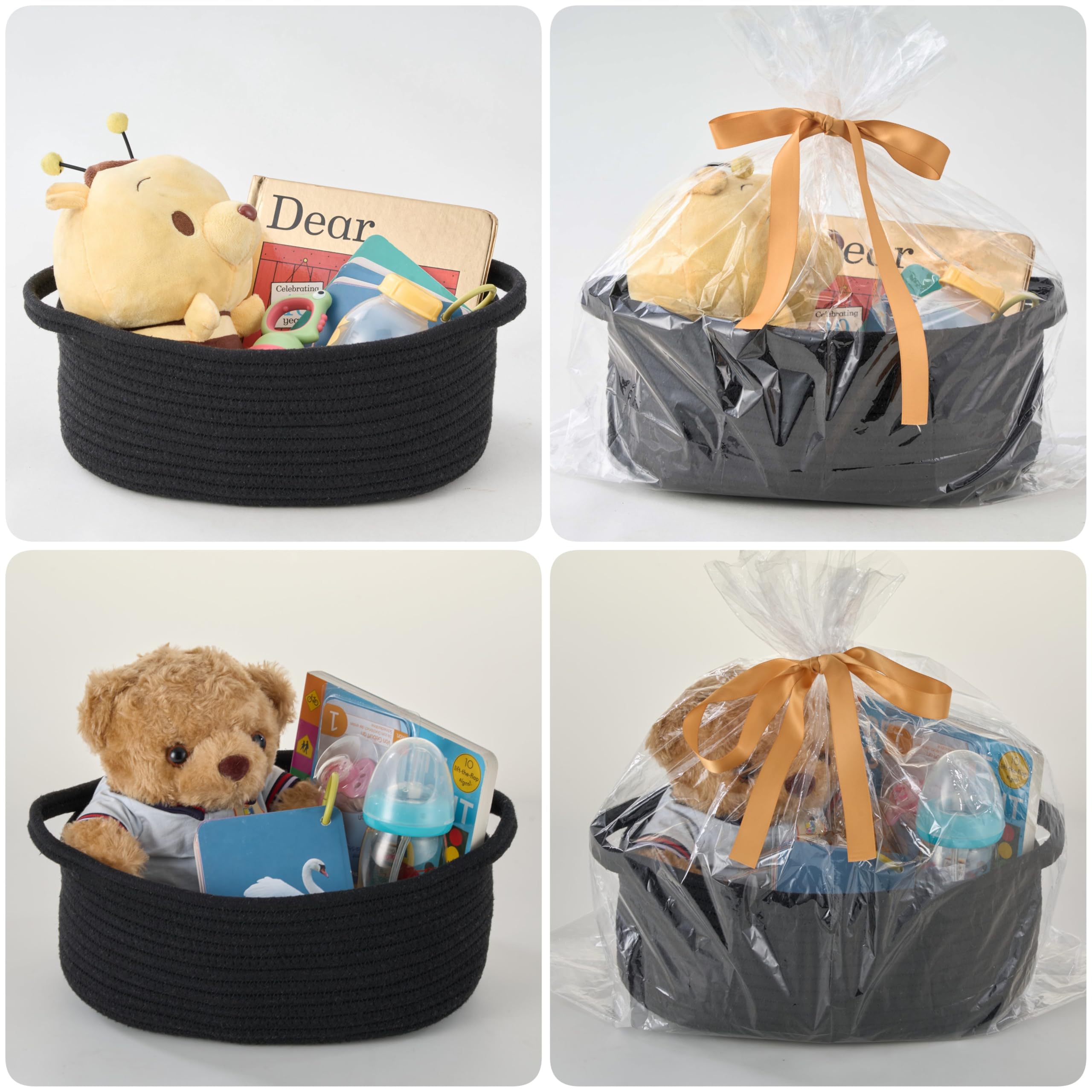 Small Woven Gift Basket Empty with Bag & Ribbon - Gifts for Mom, Baby Shower, Birthdays & Raffle - Cotton Rope Storage Basket for Dog Toys or Shelf - 12"x8"x5", Black