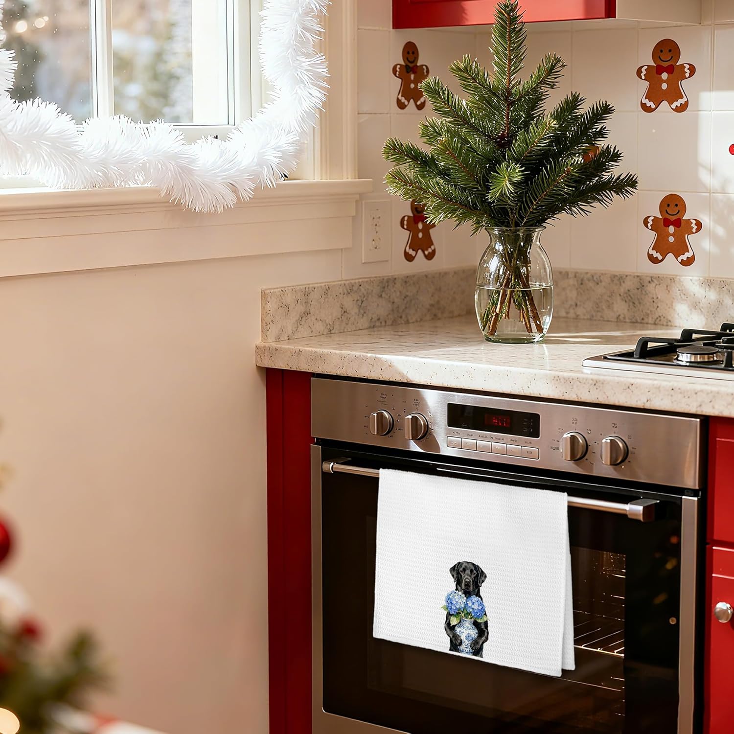 Blue Hydrangea Labrador Retriever Kitchen Towels, Black Labrador Retriever Gifts Dish Tea Towels, Chinoiserie Porcelain Floral Black Lab Decorative Hand Towel for Bathroom, 16x24 Inches - Image 2