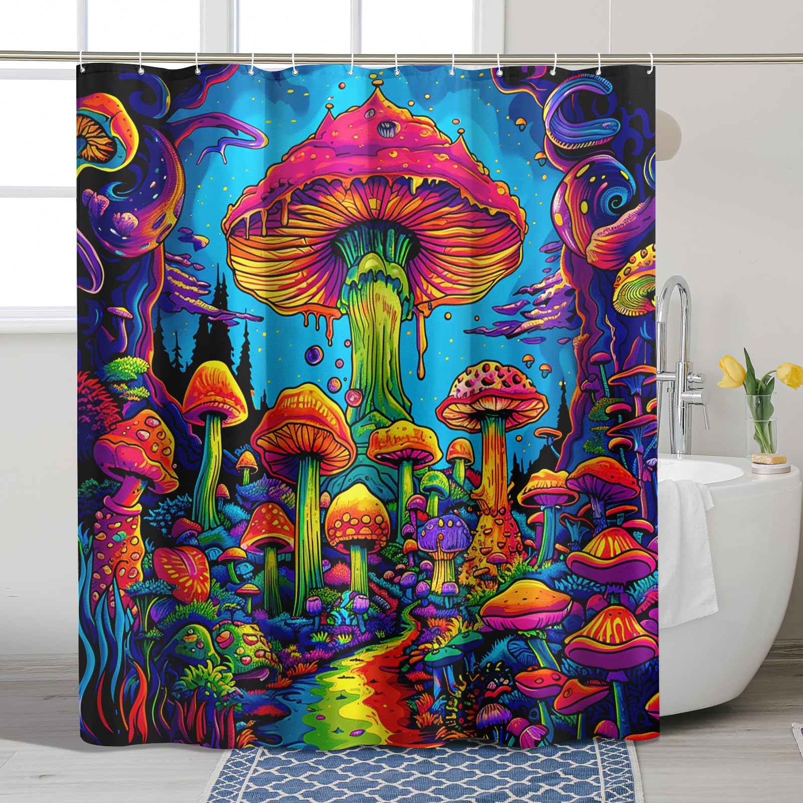 Psychedelic Shower Curtain, Colorful Mushroom Forest Shower Curtain for Bathroom Decor, Spring Summer Trippy Bohemian Waterproof Fabric Shower Curtain Set with Hooks 72x72 Inch