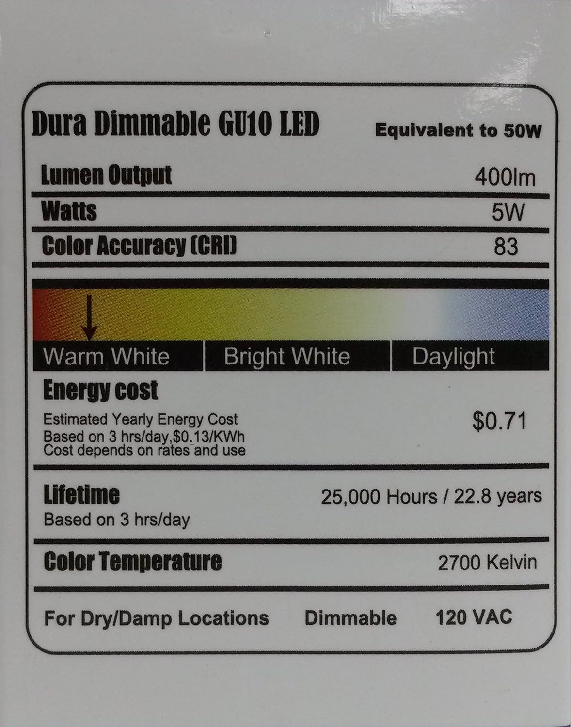 HitLights E Series 5 Watt MR16 LED Tape Light Bulb - Warm White - GU10 Base