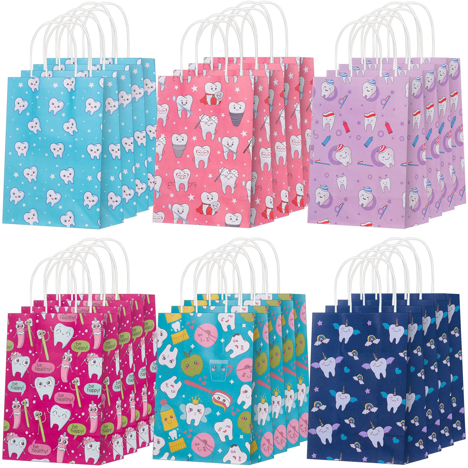 Gaillty 24 Pcs Dental Bags Teeth Theme Paper Gift Bags with Handles Dental Hygiene Patient Care Goodie Bag for Clinics Encouragement Gifts Party Favors Dentist Nurse Week Gifts