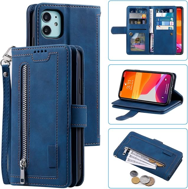 UEEBAI Wallet Case for iPhone 12 mini 5.4 inch, Retro 9 Card Holder Slots Zipper Pocket Handbag Case PU Leather Magnetic Closure Kickstand with Wrist Strap TPU Shockproof folio Case - Blue