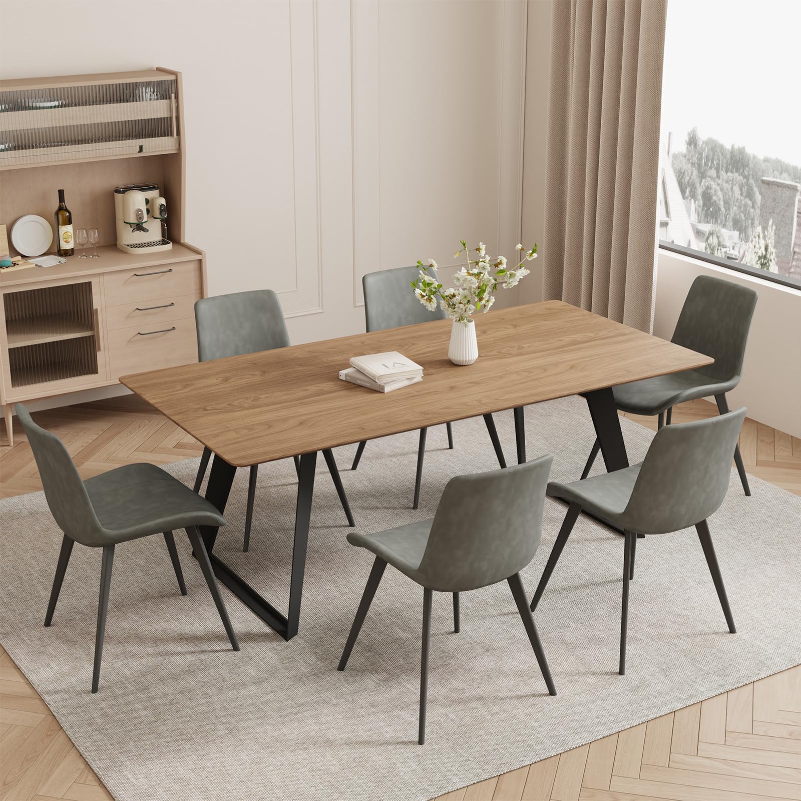 ZckyCine 7-Piece Dining Set 51-67 Expandable Mid-Century Modern Table with 6 Chairs Leather Seat Backrest Metal Frame Walnut