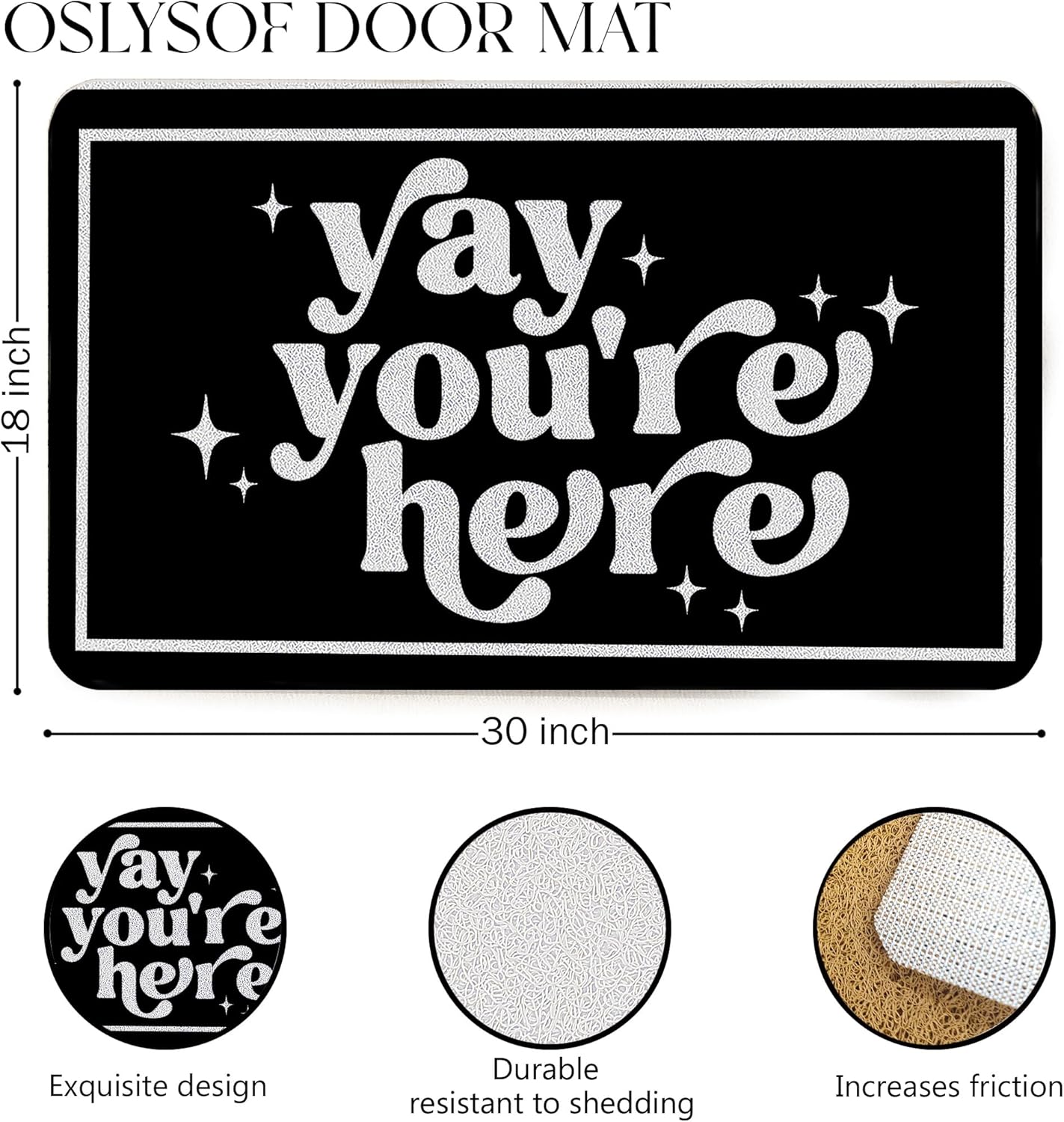 Funny Black Door Mat, Yay You're Here Doormat for Front Door Indoor Outdoor Porch Entrance Entryway, Funny Welcome Mat Outside, 17x30 Inch