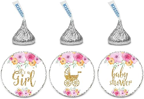 Andaz Press Trío de etiquetas de gotas de chocolate, baby shower, flores florales de primavera con purpurina dorada impresa, rosa, paquete de 216