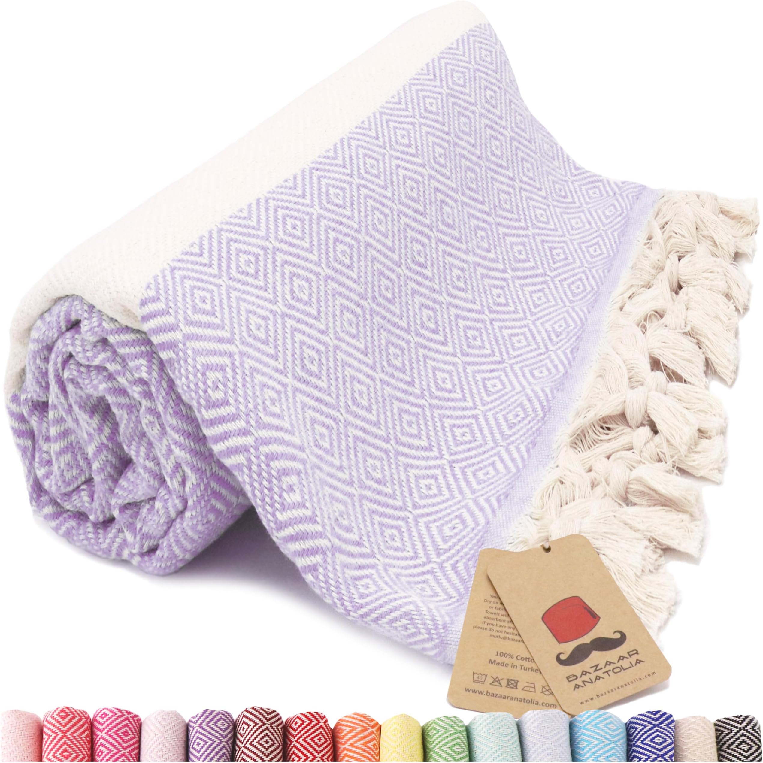 Bazaar Anatolia Diamond Turkish Towel 100% Cotton Peshtemal Bath Towel 77x38 Thin Lightweight Travel Camping Bath Sauna Beach Gym Pool Blanket Fouta Bridesmaid Gift Quick Dry Towels (Lilac)